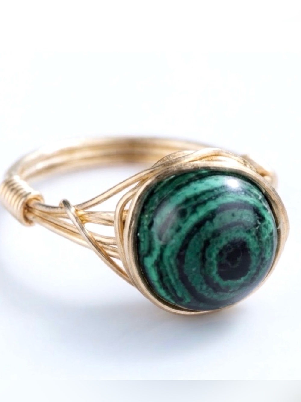 Gold Wire Wrapped Ring with Green Malachite Stone size 8